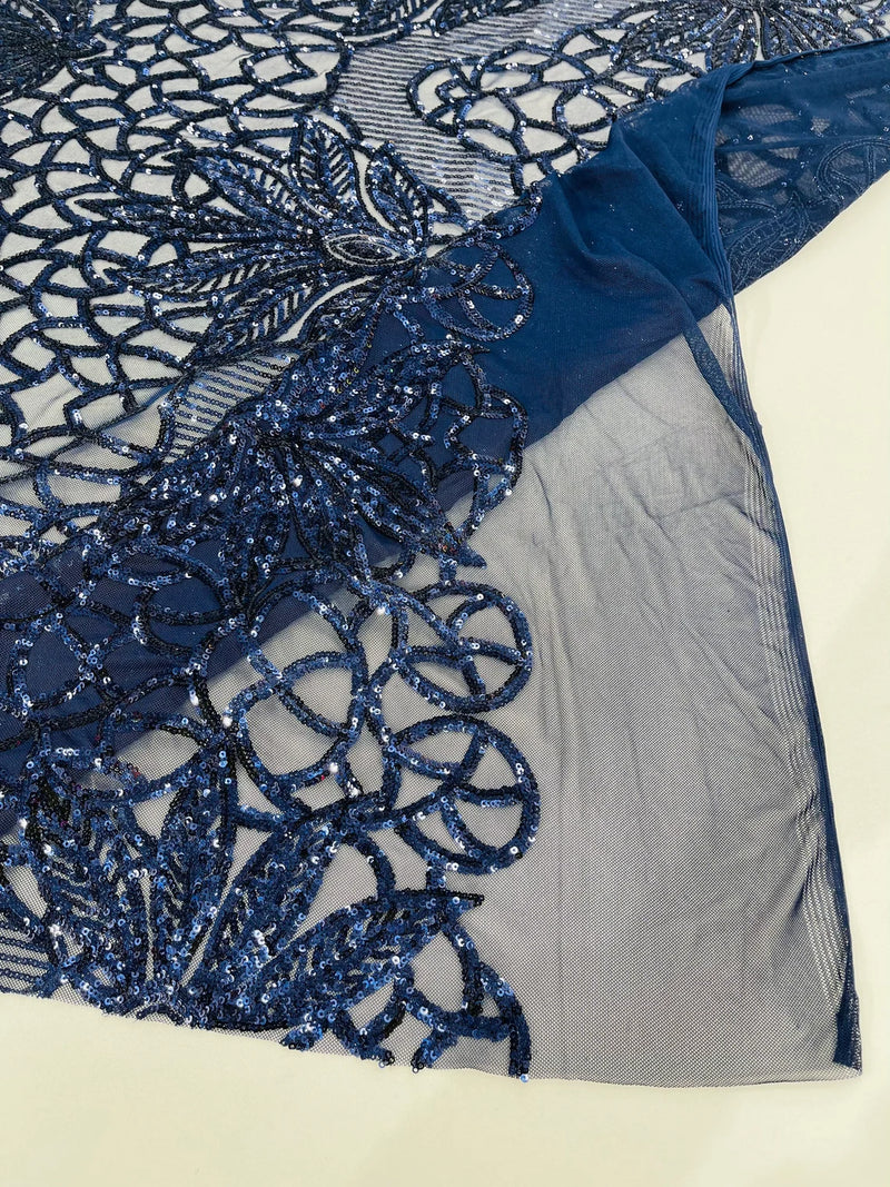 Elegant Floral Leaf Design - Navy Blue - 4 Way Stretch Sequins Lace Spandex Fabric By Yard