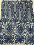 Elegant Floral Leaf Design - Navy Blue - 4 Way Stretch Sequins Lace Spandex Fabric By Yard