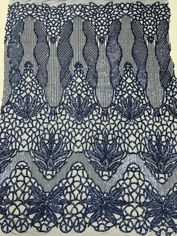 Elegant Floral Leaf Design - Navy Blue - 4 Way Stretch Sequins Lace Spandex Fabric By Yard