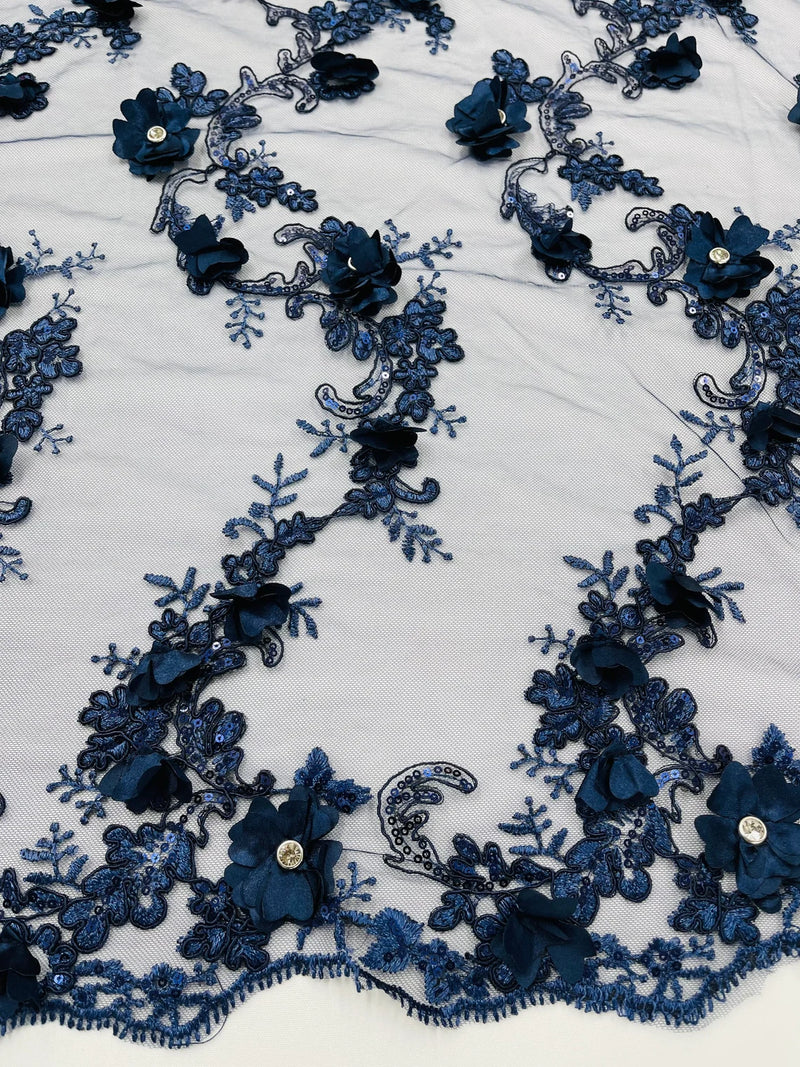 3D Lace Flower Fabric - Navy Blue - Embroidered Sequins and 3D Floral Patterns on Lace By Yard