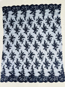 Lace Flower Cluster Fabric - Navy Blue - Embroidered Flower With Sequins on a Mesh Lace Fabric By Yard