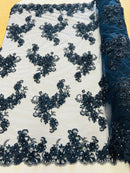 3D Flowers and Rhinestone - Navy Blue - Elegant Realistic Flowers Embroidered On Lace Fabric By Yard