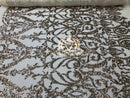 4 Way Stretch - Gold - Sequins Damask Design Fabric Embroidered On Mesh Sold By The Yard
