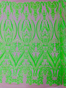 Big Damask Sequins Fabric - Neon Green - 4 Way Stretch Damask Sequins Design Fabric By Yard