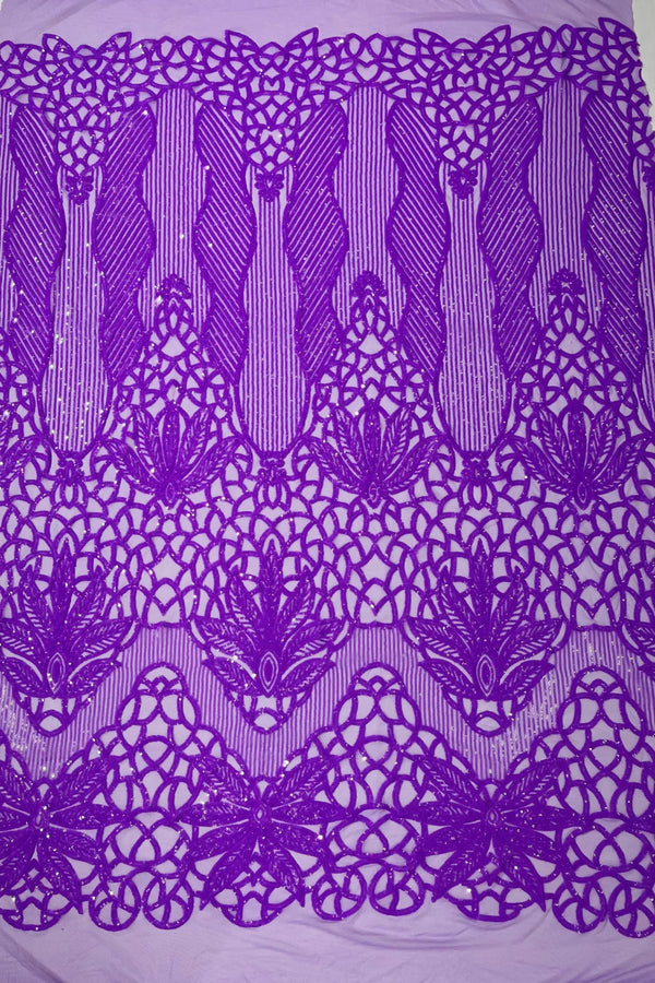 Elegant Floral Leaf Design - Neon Lilac - 4 Way Stretch Sequins Lace Spandex Fabric By Yard