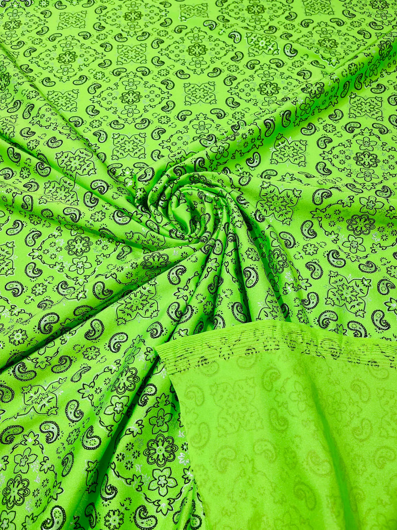 Bandana Print Fabrics - Neon Lime - Lycra Spandex Bandana Fabric Sold By The Yard