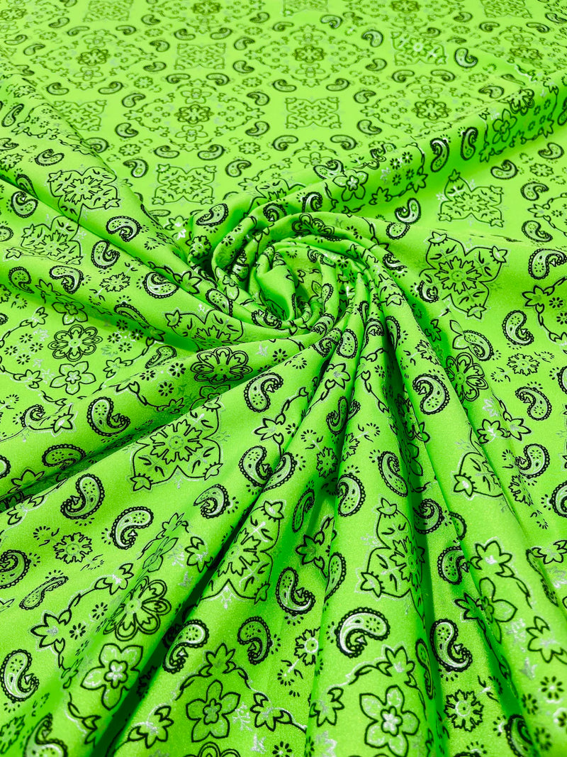 Bandana Print Fabrics - Neon Lime - Lycra Spandex Bandana Fabric Sold By The Yard