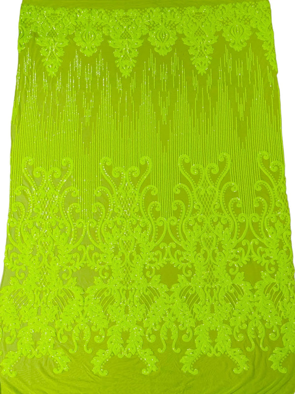 Damask Line Pattern - Neon Lime Green - 4 Way Stretch Damask Sequins Line Fabric Sold By Yard