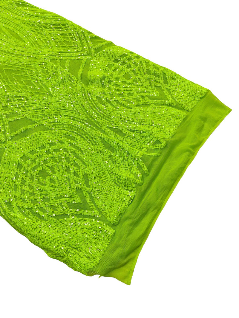 Long Wavy Pattern Sequins - Neon Lime Green - 4 Way Stretch Sequins Fabric Line Design By Yard