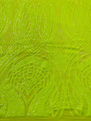 Long Wavy Pattern Sequins - Neon Lime Green - 4 Way Stretch Sequins Fabric Line Design By Yard