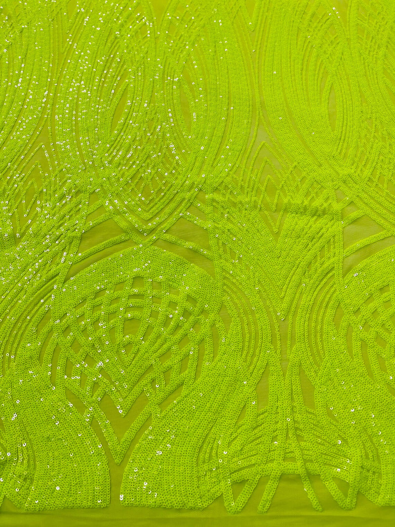 Long Wavy Pattern Sequins - Neon Lime Green - 4 Way Stretch Sequins Fabric Line Design By Yard