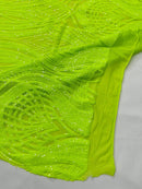 Long Wavy Pattern Sequins - Neon Lime Green - 4 Way Stretch Sequins Fabric Line Design By Yard
