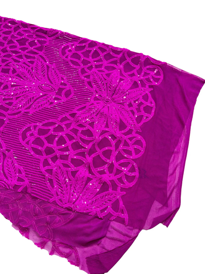 Elegant Floral Leaf Design - Neon Magenta - 4 Way Stretch Sequins Lace Spandex Fabric By Yard