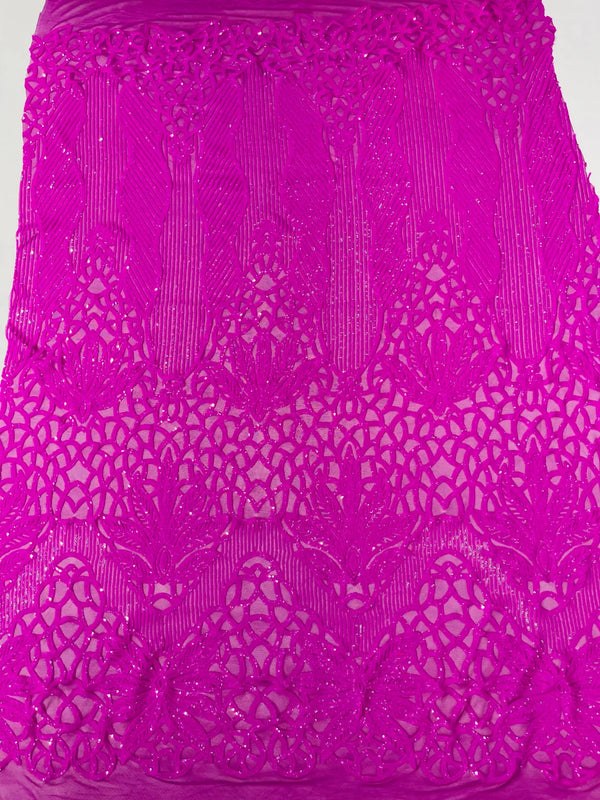 Elegant Floral Leaf Design - Neon Magenta - 4 Way Stretch Sequins Lace Spandex Fabric By Yard