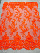 Damask Lace - Floral Damask Design Embroidered on Mesh Lace Fabric - 25 Yard Roll