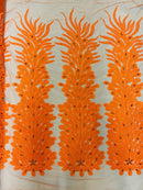 3D Beaded Peacock Feathers - Neon Orange - Vegas Design Embroidered Sequins and Beads On a Mesh Lace Fabric (Choose The Panels)