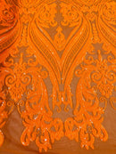 Big Damask Sequins Fabric - Orange - 4 Way Stretch Damask Sequins Design Fabric By Yard