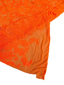 Damask Line Pattern - Orange - 4 Way Stretch Damask Sequins Line Fabric Sold By Yard