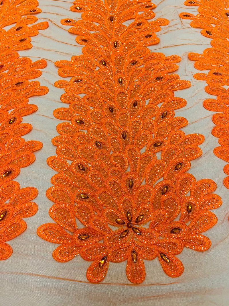 3D Beaded Peacock Feathers - Neon Orange - Vegas Design Embroidered Sequins and Beads On a Mesh Lace Fabric (Choose The Panels)