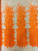 3D Beaded Peacock Feathers - Neon Orange - Vegas Design Embroidered Sequins and Beads On a Mesh Lace Fabric (Choose The Panels)