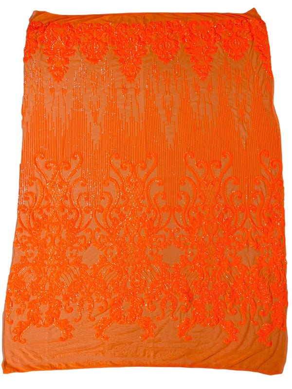 Damask Line Pattern - Orange - 4 Way Stretch Damask Sequins Line Fabric Sold By Yard