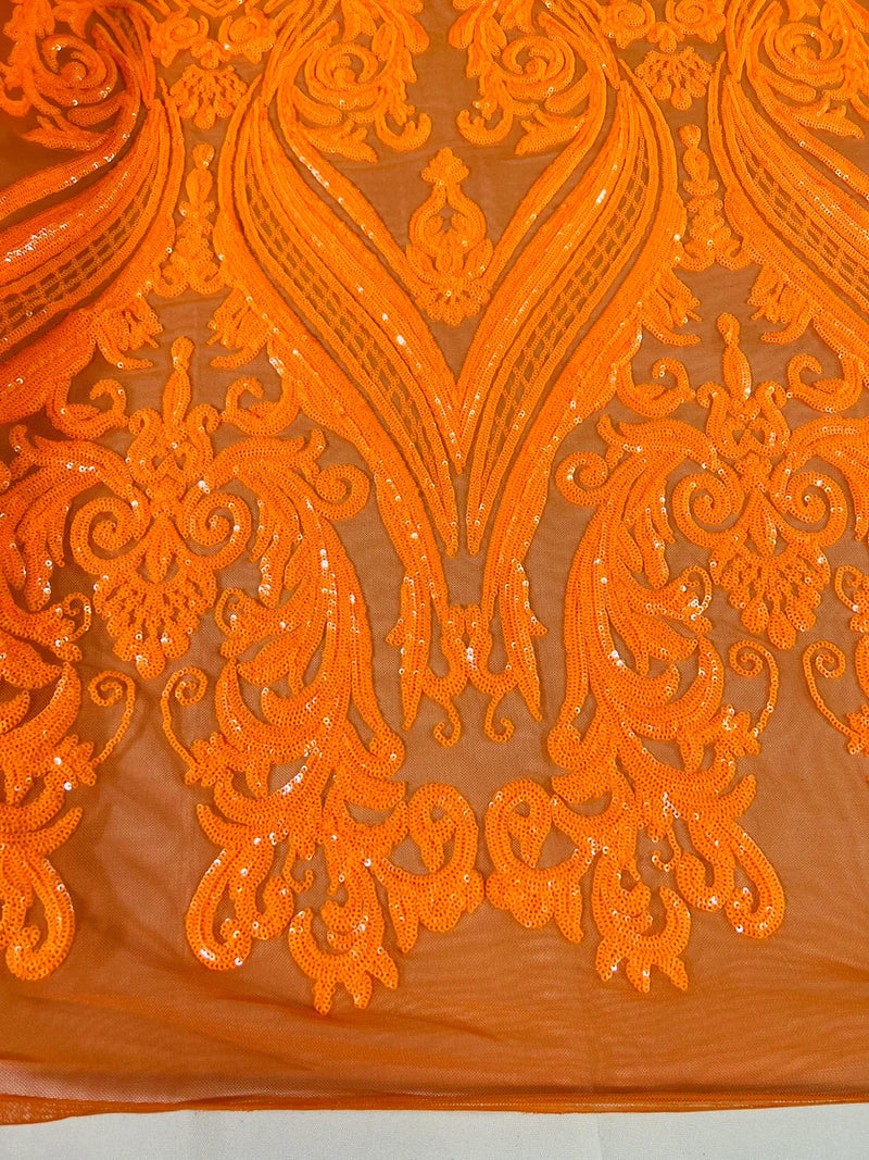 Big Damask Sequins Fabric - Orange - 4 Way Stretch Damask Sequins Design Fabric By Yard