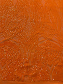 Long Wavy Pattern Sequins - Neon Orange - 4 Way Stretch Sequins Fabric Line Design By Yard