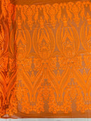 Big Damask Sequins Fabric - Orange - 4 Way Stretch Damask Sequins Design Fabric By Yard