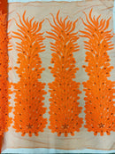 3D Beaded Peacock Feathers - Neon Orange - Vegas Design Embroidered Sequins and Beads On a Mesh Lace Fabric (Choose The Panels)