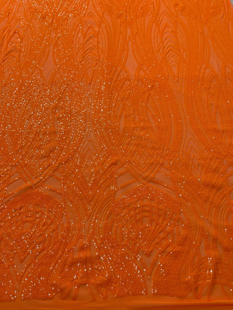 Long Wavy Pattern Sequins - Neon Orange - 4 Way Stretch Sequins Fabric Line Design By Yard