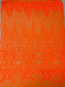 Damask Line Pattern - Orange - 4 Way Stretch Damask Sequins Line Fabric Sold By Yard