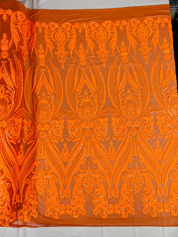 Big Damask Sequins Fabric - Orange - 4 Way Stretch Damask Sequins Design Fabric By Yard