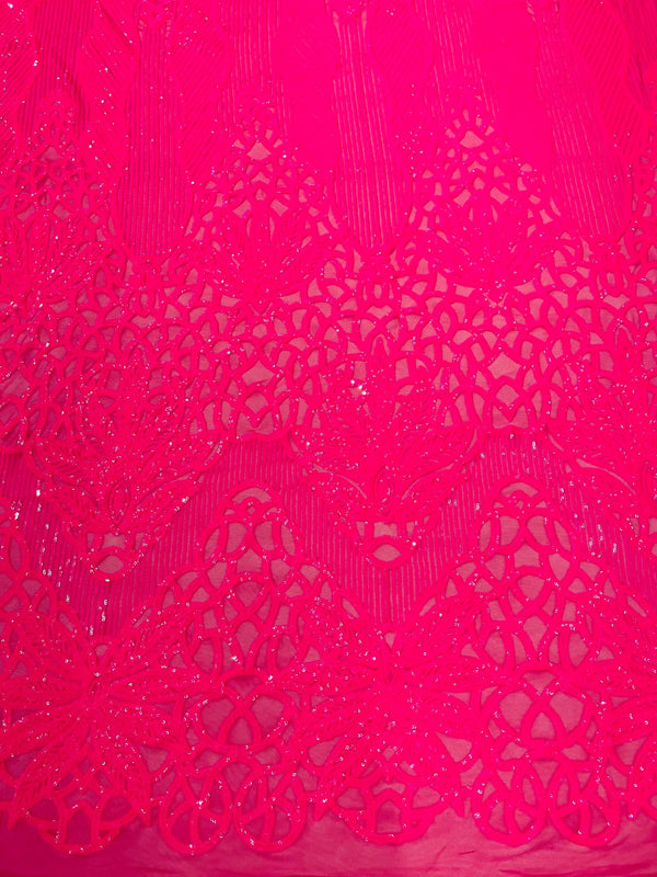 Elegant Floral Leaf Design - Neon Pink - 4 Way Stretch Sequins Lace Spandex Fabric By Yard