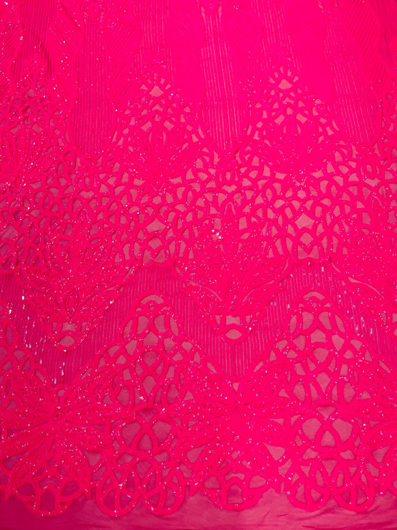 Elegant Floral Leaf Design - Neon Pink - 4 Way Stretch Sequins Lace Spandex Fabric By Yard