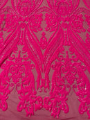Big Damask Sequins Fabric - Neon Pink - 4 Way Stretch Damask Sequins Design Fabric By Yard