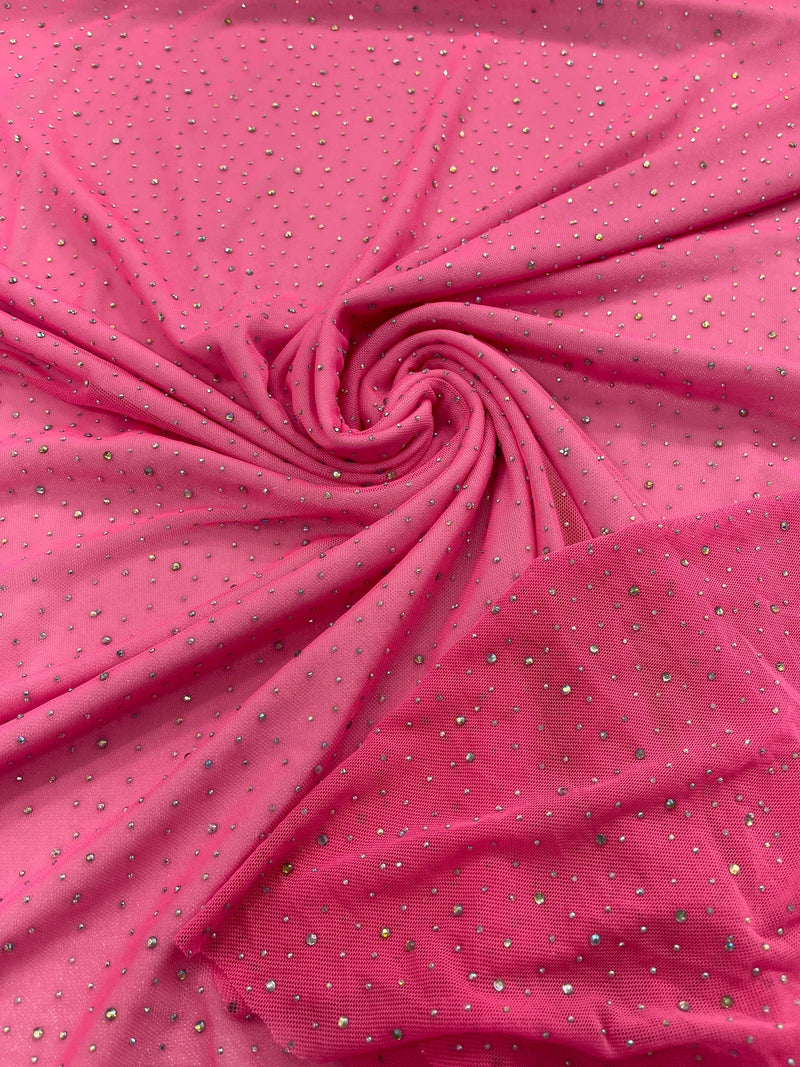 Power Mesh Polyester Rhinestone Fabric - Neon Pink - 4 Way Stretch Power Mesh Fabric Crystal Stones By Yard