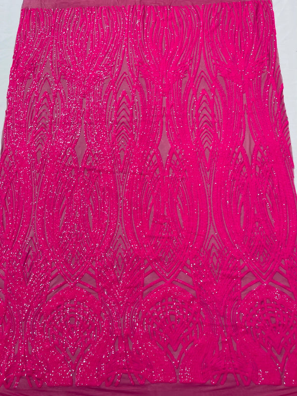 Long Wavy Pattern Sequins - Neon Pink - 4 Way Stretch Sequins Fabric Line Design By Yard