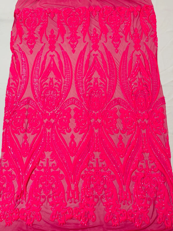 Big Damask Sequins Fabric - Neon Pink - 4 Way Stretch Damask Sequins Design Fabric By Yard