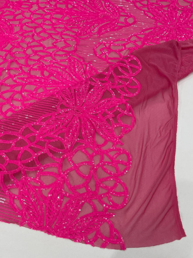 Elegant Floral Leaf Design - Neon Pink - 4 Way Stretch Sequins Lace Spandex Fabric By Yard