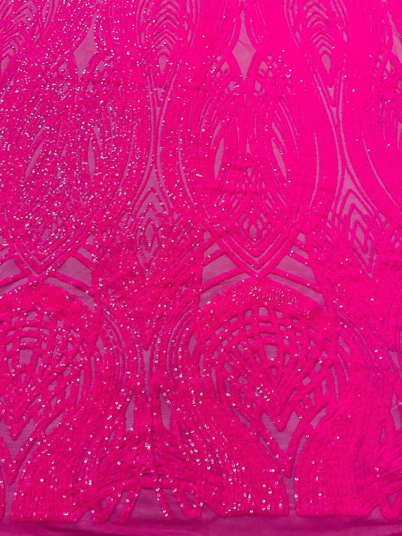 Long Wavy Pattern Sequins - Neon Pink - 4 Way Stretch Sequins Fabric Line Design By Yard