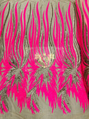 Phoenix Feather Sequins - Hot Pink / Matte Gold  - 4 Way Stretch Phoenix Pattern Fashion Design Fabric