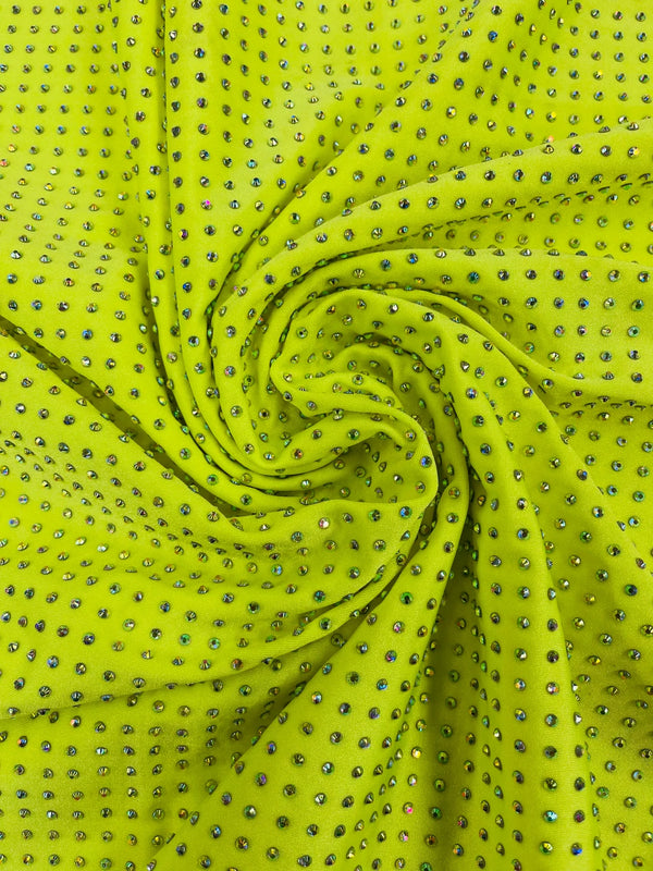 Solid Color Rhinestone Fabric - Neon Yellow - 4 Way Stretch Soft Solid Color Fabric with Crystal Stones Sold By Yard