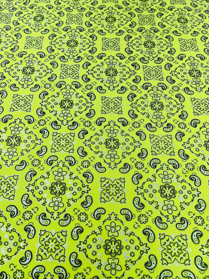 Bandana Print Fabrics - Neon Yellow - Lycra Spandex Bandana Fabric Sold By The Yard