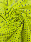 Solid Color Rhinestone Fabric - Neon Yellow - 4 Way Stretch Soft Solid Color Fabric with Crystal Stones Sold By Yard