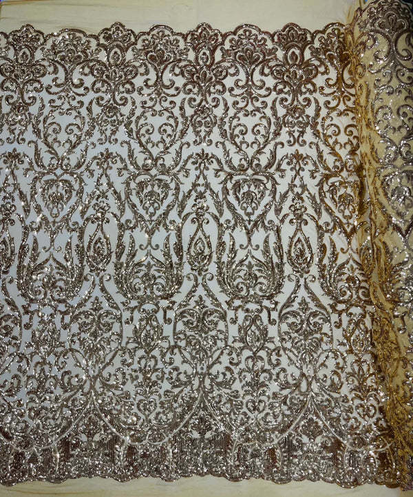 Damask Decor Sequins - New Gold - 4 Way Stretch Design High Quality Fabric By Yard