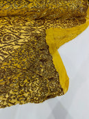Damask Decor Sequins - New Gold - 4 Way Stretch Design High Quality Fabric By Yard