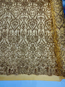 Damask Decor Sequins - New Gold - 4 Way Stretch Design High Quality Fabric By Yard