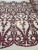 Two Tone Sequins - Burgundy / Nude - 4 Way Stretch Fancy Design Mesh Fabric Sold By The Yard
