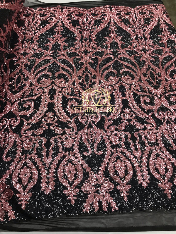 Two Tone Sequins - Pink / Black - 4 Way Stretch Fancy Design Mesh Fabric Sold By The Yard