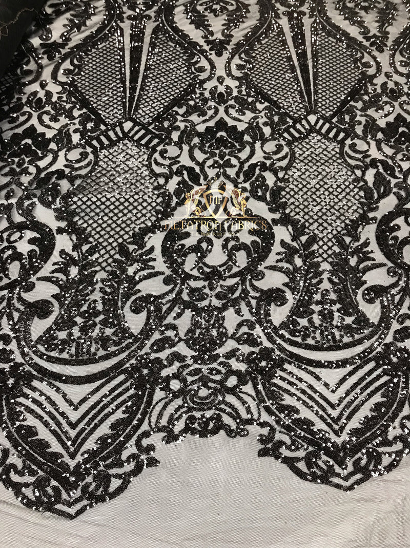 Sequins - Black - 4 Way Stretch Fancy Fabric Embroidered On Mesh Sold By The Yard